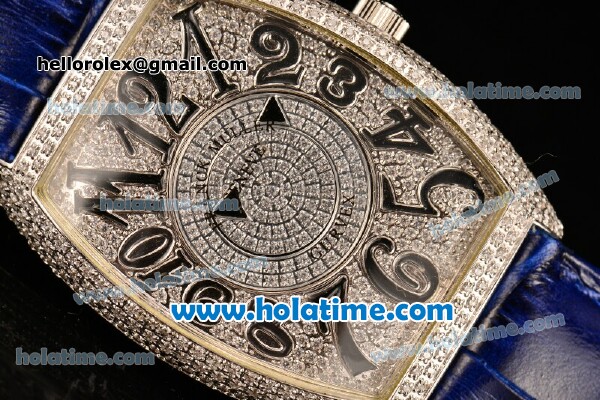 Franck Muller Cintree Curvex Swiss Quartz Steel/Diamonds Case with Diamonds Dial Numeral Markers and Blue Leather Strap - Click Image to Close